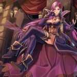  1girl absurdres alternate_costume ankle_boots boots breasts candle cape capelet cleavage commission commissioner_upload dress fingernails fire_emblem fire_emblem_echoes:_shadows_of_valentia fire_emblem_heroes gloves hair_ornament hand_up highres kuzunue long_hair looking_at_viewer medium_breasts non-web_source official_alternate_costume purple_hair seductive_smile sitting smile solo sonya_(beautiful_mage)_(fire_emblem) sonya_(fire_emblem) thighhighs throne tiara 