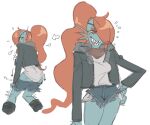  2015 anthro blush bodily_fluids bottomwear breasts clothing eye_patch eyewear female fish hair hair_over_eye jacket marine non-mammal_breasts one_eye_obstructed ponytail red_hair shorts smile solo sweat topwear undertale undertale_(series) undressing undyne zsky 