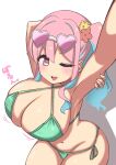  1girl ;d arm_behind_head arms_up bikini blue_hair blush breasts cleavage flower green_bikini hair_flower hair_ornament heart heart-shaped_eyewear highres hozuki_kaede kyubey_(evolloveamazons) large_breasts multicolored_hair one_eye_closed onii-chan_wa_oshimai! pink_eyes pink_hair ponytail selfie smile solo swimsuit translation_request two-tone_hair white_background 