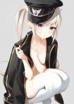  1girl black_headwear black_jacket blonde_hair blush breasts closed_mouth collarbone covering covering_breasts crying crying_with_eyes_open earrings grey_background hat highres jacket jewelry long_hair looking_at_viewer maplestory medium_breasts military_hat mole mole_under_eye naked_jacket orchid_(maplestory) purple_eyes sidelocks solo squatting syhan tears thighhighs twintails v-shaped_eyebrows very_long_hair white_thighhighs 