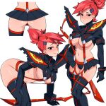  1girl ari_(ariel_lopez550) ass black_eyes black_thighhighs breasts cleavage cosplay feet_out_of_frame foster&#039;s_home_for_imaginary_friends frankie_foster highres horns kill_la_kill large_breasts looking_at_viewer matoi_ryuuko matoi_ryuuko_(cosplay) multiple_views navel red_horns senketsu shadow simple_background thighhighs white_background 