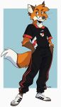  2023 anthro artist_name biped black_nose brown_eyes canid canine clothed clothing dipstick_tail dozakeet eyebrows fox front_view full-length_portrait fully_clothed fur hand_in_pocket hi_res looking_at_viewer male mammal markings orange_body orange_fur pockets portrait river_plate simple_background solo standing tail tail_markings 