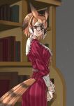  1girl absurdres bespectacled bird_tail black_hair book bookshelf brown_eyes brown_hair commentary eurasian_eagle_owl_(kemono_friends) from_side glasses hair_between_eyes head_wings highres indoors kemono_friends light_particles long_sleeves looking_at_viewer looking_to_the_side multicolored_hair parted_lips round_eyewear short_hair solo tail tanabe_(fueisei) white_hair 