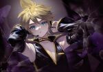  1boy armpits blonde_hair blue_eyes broken_glass choker collarbone detached_sleeves glass hair_between_eyes hands_up headpiece kagamine_len looking_at_viewer male_child open_mouth punkish_(module) shinotarou_(nagunaguex) short_hair vocaloid 