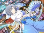  1girl architecture armor blue_eyes blue_hakama blush bow breasts ceiling cherry_blossom_print cryokinesis dual_wielding east_asian_architecture floral_print folding_fan frilled_kimono frills grey_hair hair_bow hakama hand_fan hip_vent holding holding_fan ice ice_crystal ice_shard indoors japanese_armor japanese_clothes kimono kote large_breasts lattice leaf_print looking_at_viewer muneate official_art paper_fan pouch senran_kagura senran_kagura_new_link senran_kagura_shinovi_versus short_hair shouji sliding_doors smile snowflakes solo striped striped_bow thighs tile_ceiling tiles white_bow white_kimono yaegashi_nan yumi_(senran_kagura) 