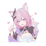  1girl :d absurdres animal animal_ears blue_eyes breasts cat cat_ears cleavage commentary cropped_torso elysia_(honkai_impact) hair_ornament hand_up heart highres honkai_(series) honkai_impact_3rd kemonomimi_mode long_sleeves looking_at_viewer medium_breasts paw_pose pink_hair pointy_ears roena smile solo upper_body wide_sleeves 