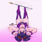 1girl baton_(weapon) belt black_choker breasts choker commission flower hair_flower hair_ornament highres jewelry keigi lips looking_at_viewer lying mole mole_under_eye nail_polish on_back on_bed purple_background purple_eyes purple_hair red_nails revealing_clothes sideless_outfit signature solo spinning_weapon symonne_(tales) tales_of_(series) tales_of_zestiria thighhighs twintails weapon 