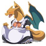  2020 3_claws alternate_version_at_source ambiguous_gender biozs blue_body blush charizard claws clothed clothing clothing_lift cute_fangs digital_drawing_(artwork) digital_media_(artwork) dress dress_lift eyes_closed feral generation_1_pokemon hi_res long_neck long_tail maid_uniform nintendo open_mouth orange_body pokemon pokemon_(species) signature simple_background smile solo tail teeth tongue uniform wings 