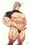  1boy abs alternate_muscle_size alternate_pectoral_size arms_behind_back bara bare_pectorals black_male_swimwear blue_eyes blush clothing_aside erection fate/grand_order fate_(series) feet_out_of_frame highres large_pectorals looking_at_viewer male_focus male_pubic_hair male_swimwear male_underwear male_underwear_aside mavex_art muscular muscular_male nipples pectorals penis percival_(fate) pubic_hair short_hair shrug_(clothing) solo standing stomach thick_thighs thighs underwear veins veiny_penis white_hair 