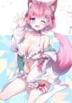  1girl absurdres animal_ears ayamy bikini blush breasts cleavage full_body hand_up highres hololive jacket looking_at_viewer medium_breasts off_shoulder one_eye_closed open_clothes open_jacket open_mouth pink_hair purple_eyes scan short_hair simple_background sitting smile solo swimsuit tail virtual_youtuber wariza 