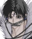  1boy black_eyes black_hair chain chained chrollo_lucilfer cross_tattoo earrings facial_mark facial_tattoo forehead_mark forehead_tattoo hunter_x_hunter jewelry looking_at_viewer male_focus portrait short_hair solo tattoo upper_body zhxkrwnl 