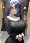  1girl black_dress blue_hair blush breasts c_(theta) closed_mouth commentary_request dress highres idolmaster idolmaster_million_live! large_breasts long_hair long_sleeves nun short_hair signature smile solo toyokawa_fuka yellow_eyes 