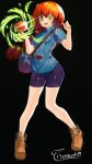  1girl artist_self-insert black_background black_shorts blue_shirt breasts brown_footwear commentary english_commentary full_body green_eyes highres long_hair open_mouth original red_hair shirt short_sleeves shorts signature simple_background smile solo tomato tomatolover16 