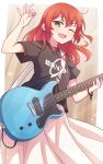  1girl ;d arm_up black_shirt bocchi_the_rock! e20 electric_guitar green_eyes guitar hair_between_eyes highres holding holding_instrument instrument kita_ikuyo long_hair looking_at_viewer one_eye_closed one_side_up pleated_skirt plectrum red_hair shirt short_sleeves skirt smile solo white_skirt 