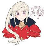  1girl :&lt; blush buttons chibi closed_mouth cropped_torso do_m_kaeru edelgard_von_hresvelg fake_horns fire_emblem fire_emblem:_three_houses high_collar horns long_hair looking_at_viewer official_alternate_hairstyle purple_eyes side_ponytail sidelocks simple_background solo white_background white_hair 