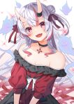  1girl bare_shoulders choker divergenceok double_bun dress fangs frilled_dress frills gradient_hair hair_bun hair_ribbon highres hololive horns karma_(nakiri_ayame) multicolored_hair nakiri_ayame off-shoulder_dress off_shoulder oni_horns open_mouth red_eyes red_hair ribbon shiranui_(nakiri_ayame) smile streaked_hair teeth upper_teeth_only virtual_youtuber white_hair 