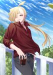  1boy ahoge alternate_costume alternate_hair_length alternate_hairstyle belt blonde_hair cloud collared_shirt cup day drinking_straw fence gladion_(pokemon) green_eyes hair_over_one_eye highres holding holding_cup leaning long_hair looking_to_the_side male_focus mocacoffee_1001 open_mouth outdoors pants pokemon pokemon_(game) pokemon_sm ponytail red_shirt shirt sky smile solo 