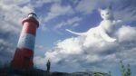  1boy absurdres amamidori animal blue_sky building cat cloud day highres lighthouse looking_up outdoors oversized_animal scp_foundation sky standing 