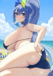  1girl adjusting_clothes adjusting_swimsuit ass azur_lane bare_shoulders beach bikini blue_bikini blue_choker blue_eyes blue_hair breasts cameltoe choker cloud food food_in_mouth from_side hair_ornament highres large_breasts long_hair looking_at_viewer looking_to_the_side manjuu_(azur_lane) new_jersey_(azur_lane) new_jersey_(midsummer_leisure)_(azur_lane) outdoors ponytail popsicle ramachiru solo swimsuit thighs very_long_hair 