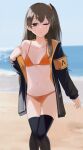  1girl absurdres beach bikini black_jacket black_thighhighs bra breasts brown_eyes brown_hair closed_mouth collarbone feet_out_of_frame girls&#039;_frontline highres hinami047 jacket long_hair long_sleeves looking_at_viewer navel one_eye_closed open_clothes open_jacket orange_bikini orange_bra orange_panties panties scar scar_across_eye side_ponytail simple_background small_breasts solo standing swimsuit thighhighs ump45_(girls&#039;_frontline) underwear wet 