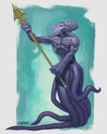  2023 abs absurd_res anthro biceps buckovskiart cephalopod coleoid cuttlefish decapodiform digital_media_(artwork) hi_res holding_object holding_weapon male marine mollusk muscular muscular_anthro muscular_male nude pecs purple_body solo tentacles vein veiny_muscles weapon were werecuttlefish 