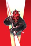 1boy black_gloves black_robe colored_skin commentary darth_maul dated david_nakayama double_bladed_lightsaber english_commentary gloves holding holding_lightsaber holding_weapon horns initial looking_at_viewer open_mouth red_lightsaber red_skin robe sith solo star_wars teeth watermark weapon yellow_eyes zabrak 
