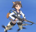  1girl animal_ears blue_background blue_sky brown_eyes brown_hair character_request drum_magazine flying fox_ears fox_tail gun highres holding holding_weapon jacket kk90 long_sleeves machine_gun magazine_(weapon) miyafuji_yoshika school_uniform short_hair sky solo strike_witches tail weapon weapon_request white_jacket world_witches_series 