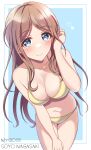  1girl aranami_shibuki bang_dream! bikini blue_background blue_eyes border breasts brown_hair character_doll character_name cleavage cowboy_shot hand_on_own_thigh highres leaning_forward long_hair medium_breasts nagasaki_soyo solo swimsuit two-tone_background white_border yellow_bikini 