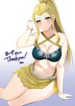  1girl absurdres alternate_costume bikini blonde_hair blue_bikini blush breasts cleavage closed_mouth fire_emblem fire_emblem_engage highres jade_(fire_emblem) long_hair looking_at_viewer medium_breasts navel ponytail smile solo swimsuit tara_(szzj7733) thank_you very_long_hair yellow_eyes 