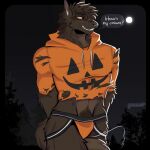  absurd_res anthro brown_body brown_fur canid canine canis cerberussenn clothed clothing ear_piercing fur hair halloween hi_res holidays jockstrap male mammal orange_clothing partially_clothed piercing sam_hawkes solo tail teeth torn_clothing underwear were werecanid werecanine werewolf wolf yellow_eyes 