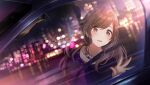  1girl blue_jacket blurry blush bokeh breasts brown_hair car city collarbone depth_of_field earrings eye_reflection faceless ferris_wheel game_cg hand_on_glass idolmaster idolmaster_shiny_colors jacket jewelry large_breasts long_hair looking_afar motor_vehicle necklace night official_art parted_lips purple_shirt red_eyes reflection shirt short_sleeves shrug_(clothing) sidelocks sitting smile solo_focus through_window tsukioka_kogane upper_body 