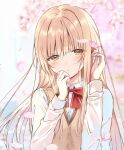  1girl blonde_hair cherry_blossoms closed_mouth collared_shirt falling_petals flower gangshangguang_(smjy5842) hair_flower hair_ornament hand_in_own_hair hand_to_own_mouth highres light_blush long_hair long_sleeves looking_at_viewer neck_ribbon otonari_no_tenshi-sama_ni_itsu_no_mani_ka_dame_ningen_ni_sarete_ita_ken petals red_ribbon ribbon shiina_mahiru_(otonari_no_tenshi-sama) shirt solo sweater_vest upper_body white_shirt yellow_eyes yellow_sweater_vest 