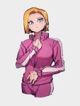  1girl android_18 blonde_hair blue_eyes closed_mouth dragon_ball dragon_ball_super earrings grey_background jacket jewelry kemachiku long_sleeves looking_up pink_jacket short_hair simple_background solo track_jacket 