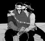  2boys bara beard closed_eyes couple cowboy_hat facial_hair feet_out_of_frame graves_(league_of_legends) greyscale hair_slicked_back hand_on_another&#039;s_hand hand_on_another&#039;s_head hat karipaku kiss kissing_cheek league_of_legends long_hair male_focus mature_male monochrome multiple_boys muscular muscular_male mustache on_bed short_hair sitting sketch thick_eyebrows twisted_fate yaoi 