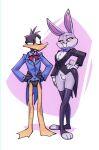  2023 anatid anseriform anthro avian bigdad bird black_body bottomless buckteeth bugs_bunny clothed clothing daffy_duck duck duo featureless_crotch fur grey_body grey_fur lagomorph leporid looking_at_another looney_tunes male mammal rabbit simple_background smile standing teeth warner_brothers 