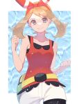  1girl bare_arms bike_shorts bike_shorts_under_shorts blonde_hair border bow_hairband closed_mouth collarbone commentary_request fanny_pack grey_eyes hairband highres kana_(kanna_runa0620) looking_at_viewer may_(pokemon) medium_hair pokemon pokemon_(game) pokemon_oras shirt short_shorts shorts simple_background sleeveless sleeveless_shirt smile solo white_border white_shorts yellow_bag 