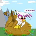  2023 absurd_res after_vore avian beak belly bestponies big_belly blush brown_body brown_fur brown_tail butt carnivore dialogue digestion digital_drawing_(artwork) digital_media_(artwork) english_text female feral friendship_is_magic fur gilda_(mlp) gryphon hasbro hi_res huge_belly kick my_little_pony mythological_avian mythology outside rumbling_stomach solo sound_effects struggling tail text tongue tongue_out vore yellow_eyes 