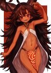  1girl ahoge arm_up black_hair blush cowboy_shot dark-skinned_female dark_skin dress fangs flat_chest fuji_tarawi highres horns jewelry large_horns long_hair looking_at_viewer navel necklace open_mouth original pelvic_curtain red_eyes revealing_clothes slit_pupils solo teeth two-tone_background very_long_hair white_dress 