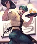  1boy apron aqua_hair ass bara belt black_apron brown_belt carless_(ppanic) covered_eyes facial_hair fire_emblem fire_emblem:_the_blazing_blade fire_emblem_cipher hair_over_eyes highres holding holding_tray large_pectorals lowen_(fire_emblem) male_focus muscular muscular_male open_mouth pants pectorals shirt short_hair solo tray waiter watch white_shirt wristwatch 