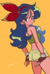  1girl adjusting_clothes adjusting_shorts bare_shoulders blue_eyes blue_hair brown_eyes brown_gloves closed_mouth dark_blue_hair dragon_ball dragon_ball_(classic) fingerless_gloves gloves green_shirt hairband highres long_hair looking_at_viewer lunch_(dragon_ball) lunch_(good)_(dragon_ball) multicolored_eyes red_hairband sashimi_(adam026) shirt shorts simple_background smile solo standing twitter_username yellow_background yellow_shorts 