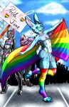  anthro canid canine canis clothing duo freyart girly halo hi_res lagomorph legwear leporid lgbt_pride male male/male mammal pose pride_color_clothing pride_color_flag pride_colors rabbit street tights wings wolf 