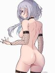  1girl absurdres ass blue_eyes breasts coubalty fishnet_armwear fishnet_thighhighs fishnets grey_hair highres hololive hololive_indonesia long_hair looking_at_viewer looking_back nude sideboob solo thighhighs thighs vestia_zeta virtual_youtuber 