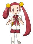  1girl :o backpack bag character_request flat_chest forehead highres long_hair looking_at_viewer open_mouth pantyhose pokemon pokemon_(game) puffy_short_sleeves puffy_sleeves red_eyes red_hair red_ribbon red_shorts ribbon short_sleeves shorts standing twintails white_background white_pantyhose yoshi_(moco1) 