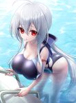  02g9 1girl absurdres ass breasts cleavage highres long_hair low_ponytail one-piece_swimsuit pool red_eyes swimsuit vocaloid white_hair yowane_haku 