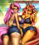  2023 absurd_res anthro ashimaroo butt camel_toe clothed clothing cutie_mark digital_media_(artwork) duo equestria_girls equid equine eyebrows eyelashes eyewear female fingers fluttershy_(mlp) friendship_is_magic glasses hasbro hi_res horn looking_at_viewer looking_back mammal my_little_pony pegasus sunset_shimmer_(eg) text unicorn url wings 