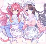  2girls absurdres alternate_costume animal_ears apron bandaid bandaid_on_leg black_hair blue_dress blue_eyes breasts bridal_garter cat_ears cat_tail chest_strap detached_sleeves dress ear_piercing fake_animal_ears fang hairband highres holding_hands interlocked_fingers large_breasts lolita_hairband long_hair long_sleeves looking_at_viewer maid maid_headdress multicolored_hair multiple_girls nekota_tsuna open_mouth orange_eyes orange_hair petticoat piercing pink_dress pink_hair rabbit_ears red_hair short_dress smile split-color_hair streaked_hair tachibana_hinano_(vtuber) tail turtleneck_dress two-tone_hair unyon_bbunco very_long_hair virtual_youtuber vspo! waist_apron 