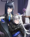  2girls absurdres animal_ears arknights black_cape black_hair black_pantyhose black_vest blue_gloves blue_shorts blush bouquet breasts cape closed_eyes closed_mouth couch fingerless_gloves flower gloves grey_hair hair_ornament hairclip headpat highres hug indoors jin_mu_mulin lappland_(arknights) large_breasts long_hair long_sleeves looking_at_viewer mouth_hold multiple_girls on_couch pantyhose parted_lips purple_flower purple_rose rose scar scar_across_eye scar_on_face shirt shorts sitting table texas_(arknights) texas_the_omertosa_(arknights) vase very_long_hair vest white_shirt wolf_ears wolf_girl yellow_eyes yuri 