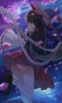  1girl absurdres arm_up as5267325aa ass bare_legs bare_shoulders black_hair blurry brown_eyes cherry_blossoms closed_mouth cloud commentary_request depth_of_field detached_sleeves floating_hair foot_out_of_frame from_behind full_moon gohei hakurei_reimu highres holding holding_stick light_blush long_hair long_sleeves looking_back moon night night_sky pleated_skirt profile red_eyes red_skirt skirt sky solo standing standing_on_one_leg stick touhou very_long_hair wide_sleeves 