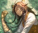  1boy animal_ears braid claws collared_shirt dark-skinned_male dark_skin grass leona_kingscholar lion_ears lying male_focus on_side shirt sleeping solo sunlight touchika twin_braids twisted_wonderland vest 