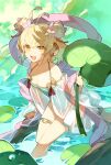  1girl andira_(granblue_fantasy) andira_(summer)_(granblue_fantasy) animal_ears antenna_hair artist_name bare_shoulders blonde_hair breasts casual_one-piece_swimsuit cleavage cyenmi3 double_bun granblue_fantasy hagoromo hair_bun highres holding holding_leaf leaf looking_at_viewer monkey_ears one-piece_swimsuit open_mouth orange_eyes oversized_object shawl short_hair sitting small_breasts smi smile soaking_feet solo swimsuit swimsuit_cover-up thigh_strap water 